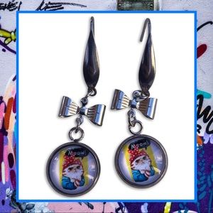 Cat Rosie the Riveter Dangling Bow Earrings